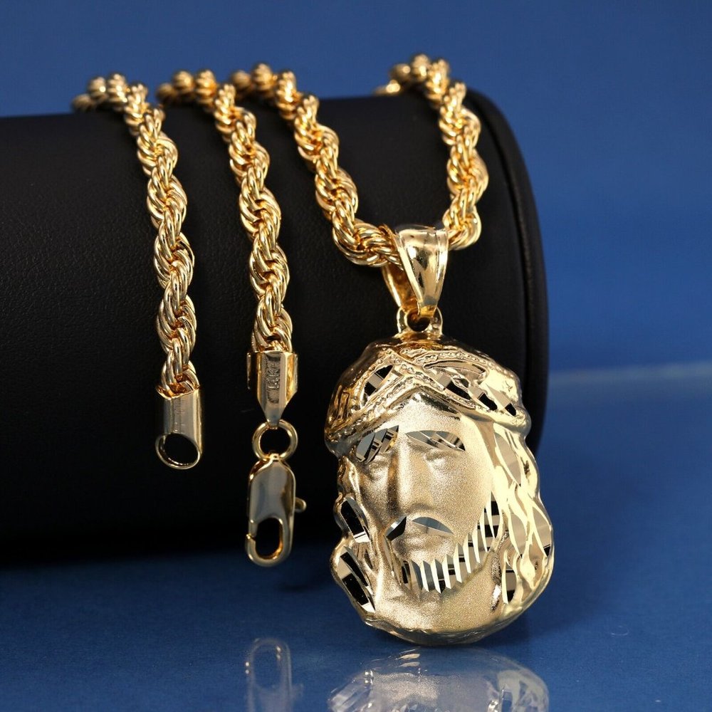 14k Gold Jesus Face Pendant + Necklace